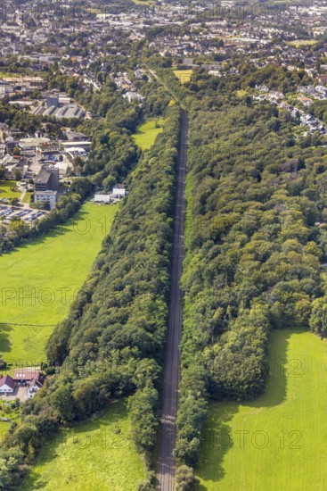 Aerial view, straight railway line in the forest in the district of Berge in Gevelsberg, Ruhr area,