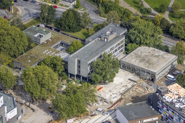 Aerial view, town hall and construction site at the city archive in the district Haufe in