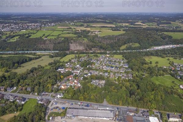 Aerial view, residential area Bruchmühle and adjacent forest damage on the A1 motorway in the
