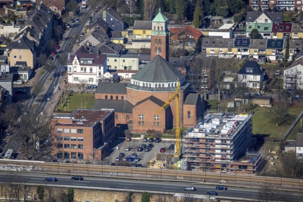 Aerial view, cath. Heilig-Kreuz-Kirche, medical centre Gladbeck, construction site former Kotten