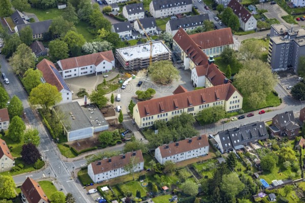 Aerial view, construction site and school extension Südparkschule, Brauck, Gladbeck, Ruhr area,