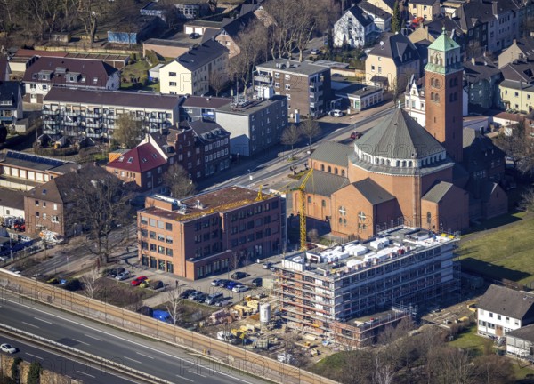 Aerial view, cath. Heilig-Kreuz-Kirche, medical centre Gladbeck, construction site former Kotten