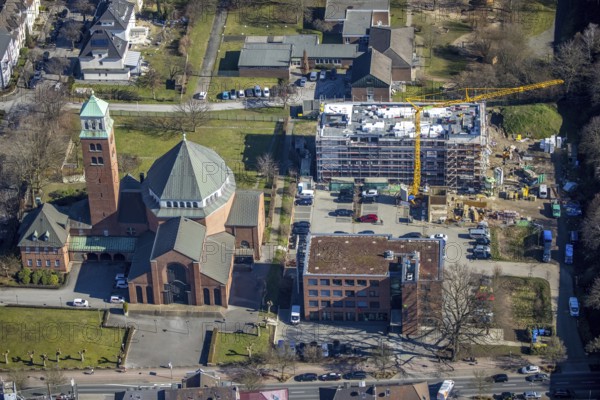 Aerial view, cath. Heilig-Kreuz-Kirche, medical centre Gladbeck, construction site former Kotten