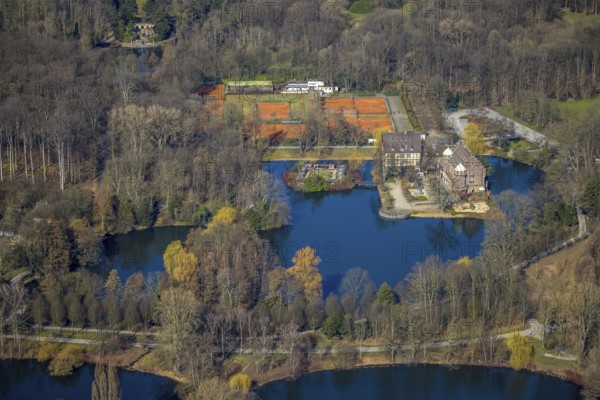 Aerial view, moated castle Wittringen with museum and bird island, Butendorf, Gladbeck, Ruhr area,