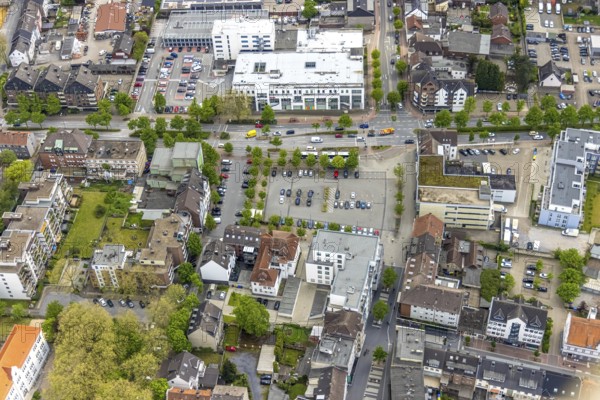 Aerial view, construction site Glückauf-Center, planned refurbishment and renovation, market place