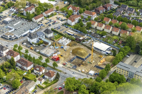 Aerial view, construction site new building for housing and social affairs, former Mercedes-Lueg