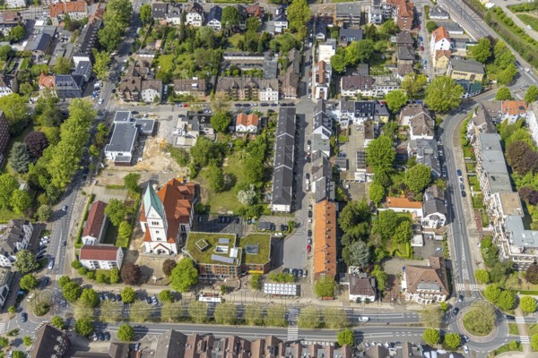 Aerial view, Christ Church and construction site of new kindergarten, former Bonhoeffer House,