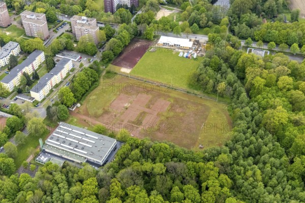 Aerial view, construction site and new building of modular kindergarten at Berliner Straße,