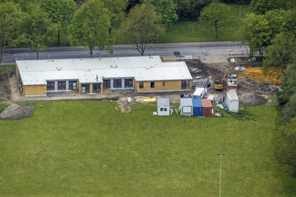 Aerial view, construction site and new building of modular kindergarten at Berliner Straße,