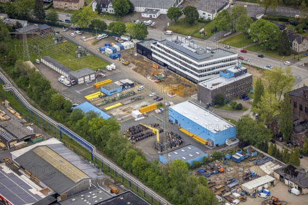 Aerial view, construction site and new building administration building of Emscher Lippe Energie