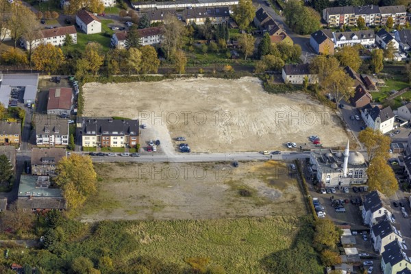 Aerial view, construction site after demolition of the furniture store Tacke and mosque