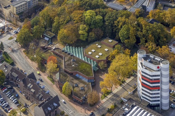 Aerial view, Stadtsparkasse Gladbeck high-rise building and Mathias-Jakobs-civic hall in Gladbeck,
