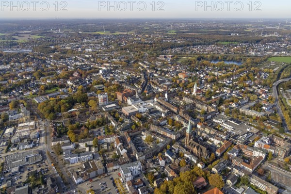 Aerial view, townscape with Stadtsparkasse Gladbeck high-rise building and town hall as well as the