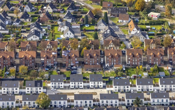 Aerial view, housing estates from three different eras: Colliery housing estate, detached houses