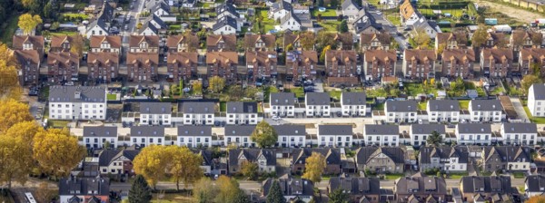 Aerial view, housing estates from three different eras: Colliery housing estate, detached houses
