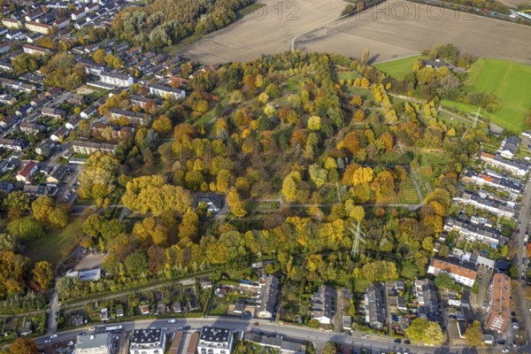 Aerial view, autumn colours at Brauck cemetery in the Brauck district of Gladbeck, Ruhr area, North