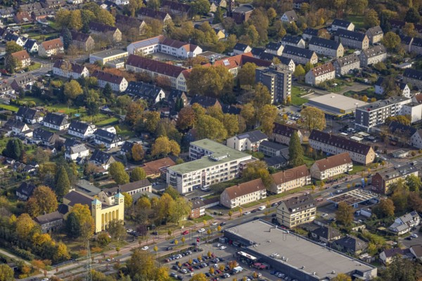 Aerial view, St. Marien church and senior centre St.-Altfrid-Haus in the district of Brauck in