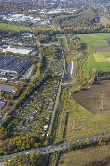 Aerial view, Boyetal-Ost landscape conservation area and river Boye renaturalisation as well as