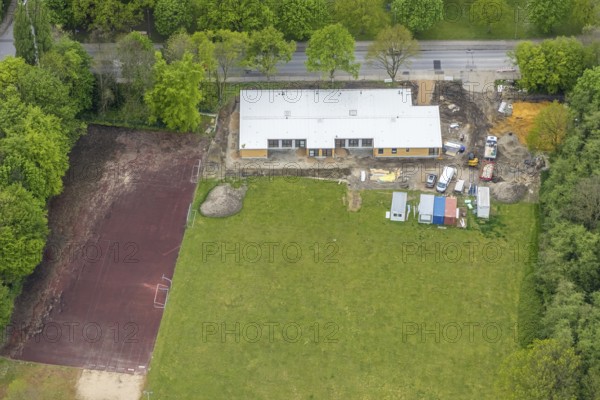Aerial view, construction site and new building of modular kindergarten at Berliner Straße,