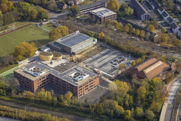 Aerial view, Heisenberg Gymnasium with solar roof and Artur Schirrmacher sports hall in Gladbeck,