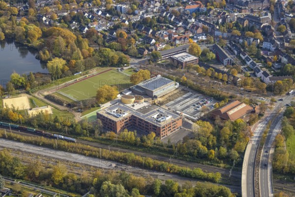 Aerial view, Heisenberg Gymnasium with solar roof and Artur Schirrmacher sports hall in Gladbeck,