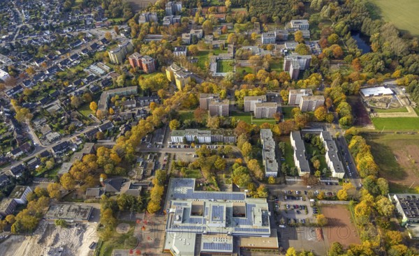 Aerial view, Ingeborg-Drewitz comprehensive school and high-rise housing estate Berliner Straße and