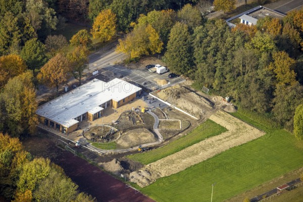 Aerial view, construction site with new building of a municip. Kindergarten Berliner Straße in the