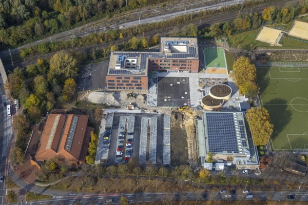 Aerial view, Heisenberg Gymnasium with solar roof and Artur Schirrmacher sports hall in Gladbeck,