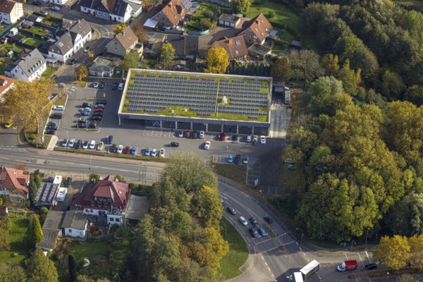 Aerial view, Aldi supermarket Schultenstraße with solar roof in the district Rentfort in Gladbeck,