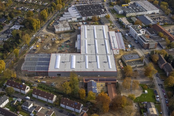 Aerial view, industrial area Krusenkamp with construction site and new building for planned DIY