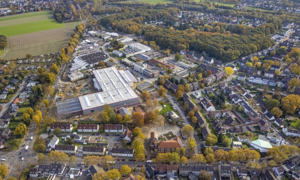 Aerial view, industrial area Krusenkamp with construction site and new building for planned DIY