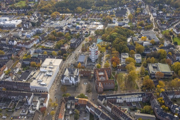 Aerial view, city view with town hall and Stadtsparkasse Gladbeck skyscraper in Gladbeck, Ruhr