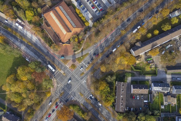 Aerial view, intersection Sandstraße and Konrad-Adenauer-Allee with red cycle path marking in