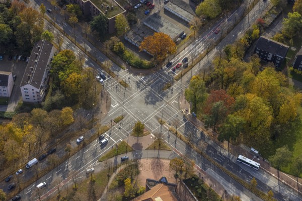 Aerial view, intersection Sandstraße and Konrad-Adenauer-Allee with red cycle path marking in