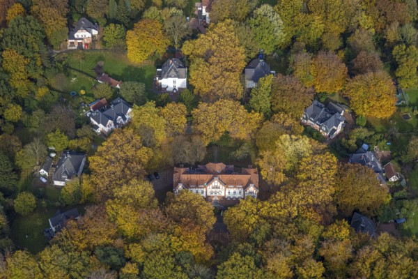 Aerial view, music school of the city of Gladbeck in the autumnal forest in the district Rentfort