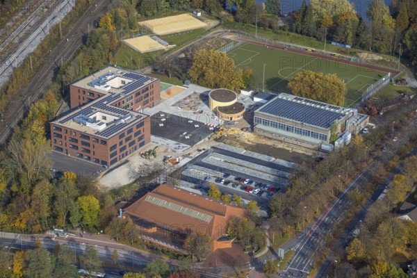 Aerial view, Heisenberg Gymnasium with solar roof and Artur Schirrmacher sports hall in Gladbeck,