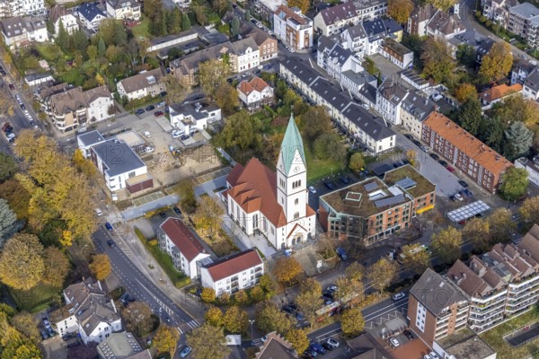Aerial view, Christ Church and construction site with new kindergarten at the former Bonhoeffer