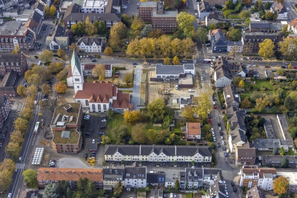 Aerial view, Christ Church and construction site with new kindergarten at the former Bonhoeffer