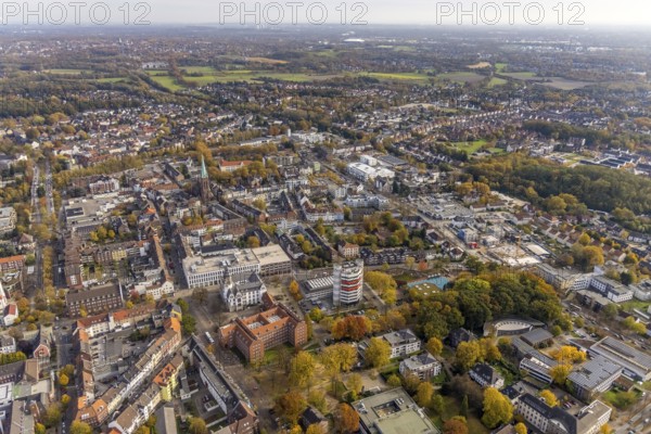 Aerial view, townscape with Stadtsparkasse Gladbeck high-rise building and St. Lamberti Catholic