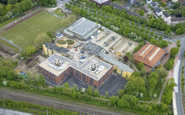 Aerial view, construction site and new building Heisenberg-Gymnasium, Gladbeck, Ruhr area, North