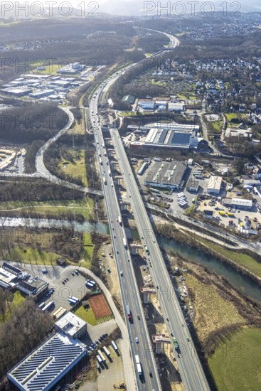 Aerial view of the Lennetal bridge, motorway A45 Sauerlandlinie shortly in front of the lane shift,
