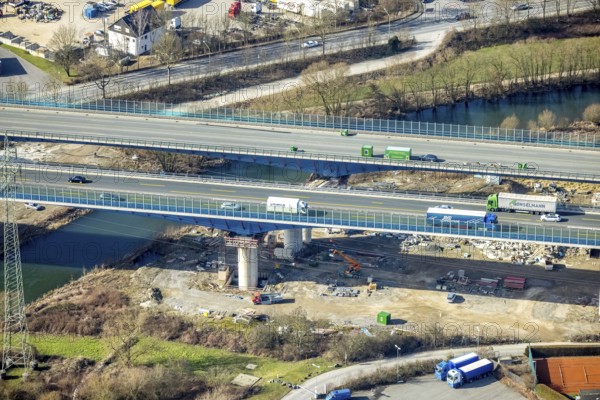 Aerial view of the Lennetal bridge, motorway A45 Sauerlandlinie shortly in front of the lane shift,