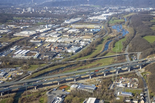Aerial view of the Lennetal bridge, motorway A45 Sauerlandlinie shortly in front of the lane shift,