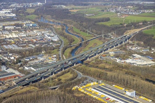 Aerial view of the Lennetal bridge, motorway A45 Sauerlandlinie shortly in front of the lane shift,