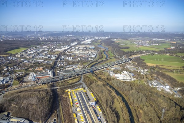 Aerial view of the Lennetal bridge, motorway A45 Sauerlandlinie shortly in front of the lane shift,