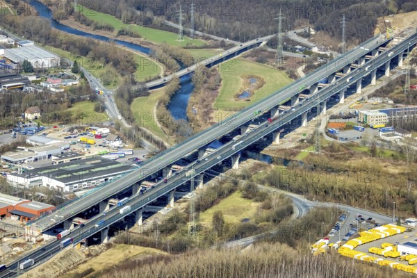 Aerial view of the Lennetal bridge, motorway A45 Sauerlandlinie shortly in front of the lane shift,