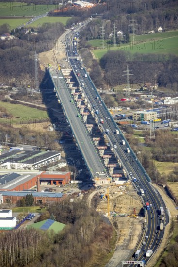 Aerial view of the Lennetal bridge, motorway A45 Sauerlandlinie shortly in front of the lane shift,
