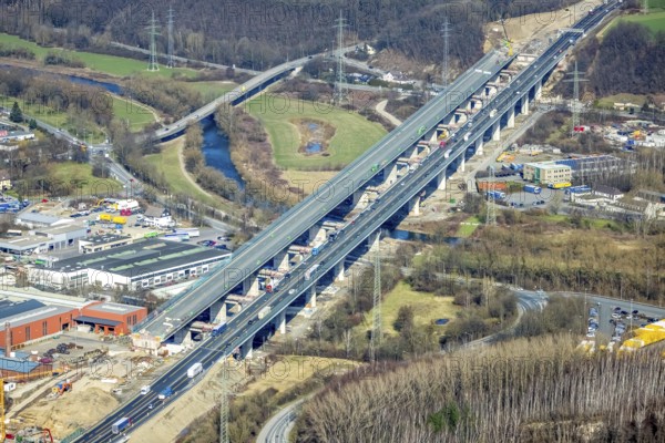 Aerial view of the Lennetal bridge, motorway A45 Sauerlandlinie shortly in front of the lane shift,