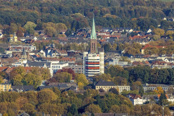 Aerial view, Stadtsparkasse Gladbeck high-rise building and St. Lamberti Catholic Church in