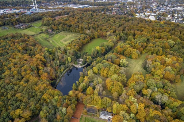 Aerial view, Wittringen memorial in the autumnal Wittringer Forest in Gladbeck, Ruhr area, North